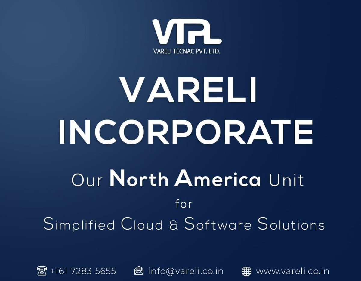 VareliTecnac's tweet image. 📣 Announcement Time !!
VTPL introduces it's North American business unit, Vareli Incorporate 🤝
Committed to being trusted partners to our esteemed international clients, supporting businesses to achieve their goals through innovative and diverse #cloudComputingSolutions.☁️
