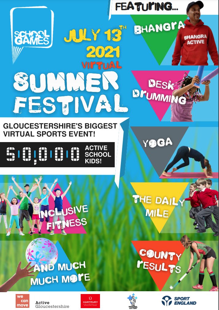 activeglos's tweet photo. Today is the day! #Glosschoolgames' Summer Festival is starting!

Join us for Gloucestershire's biggest ever Virtual Physical Activity Festival for Young People: https://t.co/lXJHjAs71T

@wecan_move @CotswoldSGO @Forestofdeansc1 @MoveMoreCIO  @SGOstroud @glosschoolgames https://t.co/JDDyBuKHkE