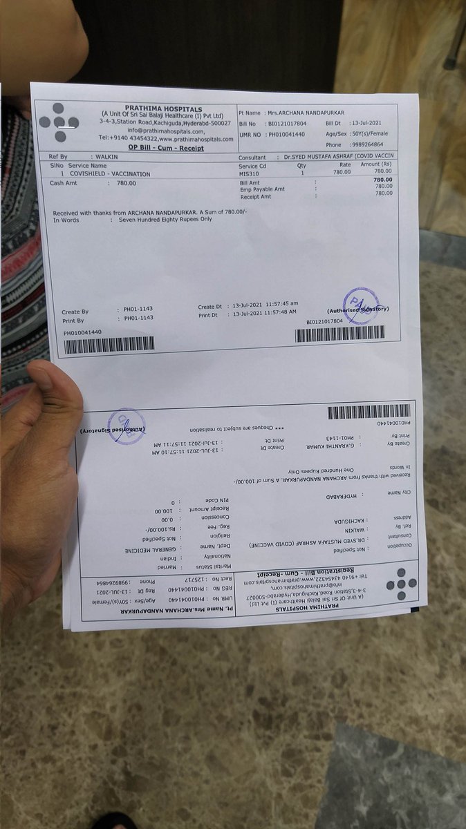 nsayerhs's tweet photo. Prathima hospitals kachiguda is overcharging ₹100 on covishield vaccine even after center government caps covishield vaccine price at ₹780.They charge extra money as registration fee even after we book our own slot on cowin website.
@GHMCOnline @KTRTRS @arvindkumar_ias https://t.co/9cwdslERGX