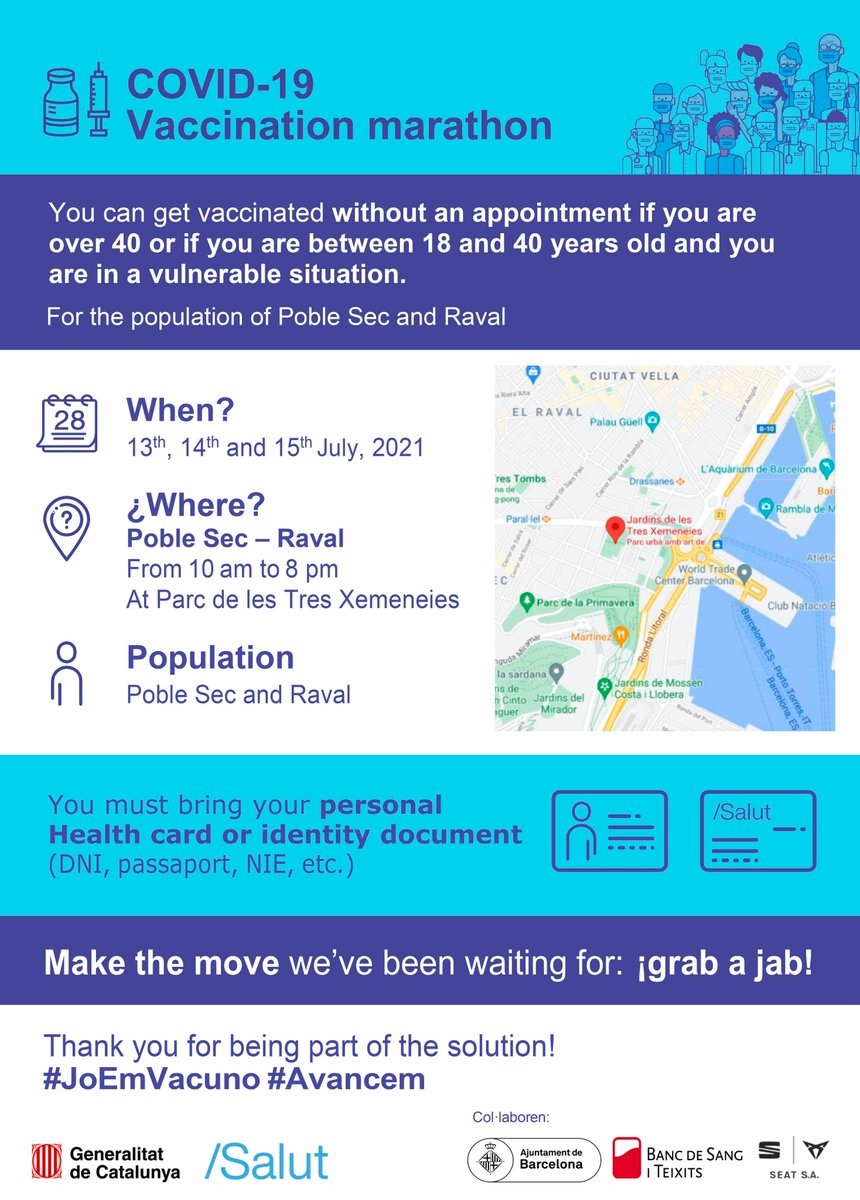 Atenció! Avui, demà i demà passat, vacunació sense cita al Parc de les Tres Xemeneies per a persones en situació de vulnerabilitat del Poble-Sec i del Raval 👇👇👇