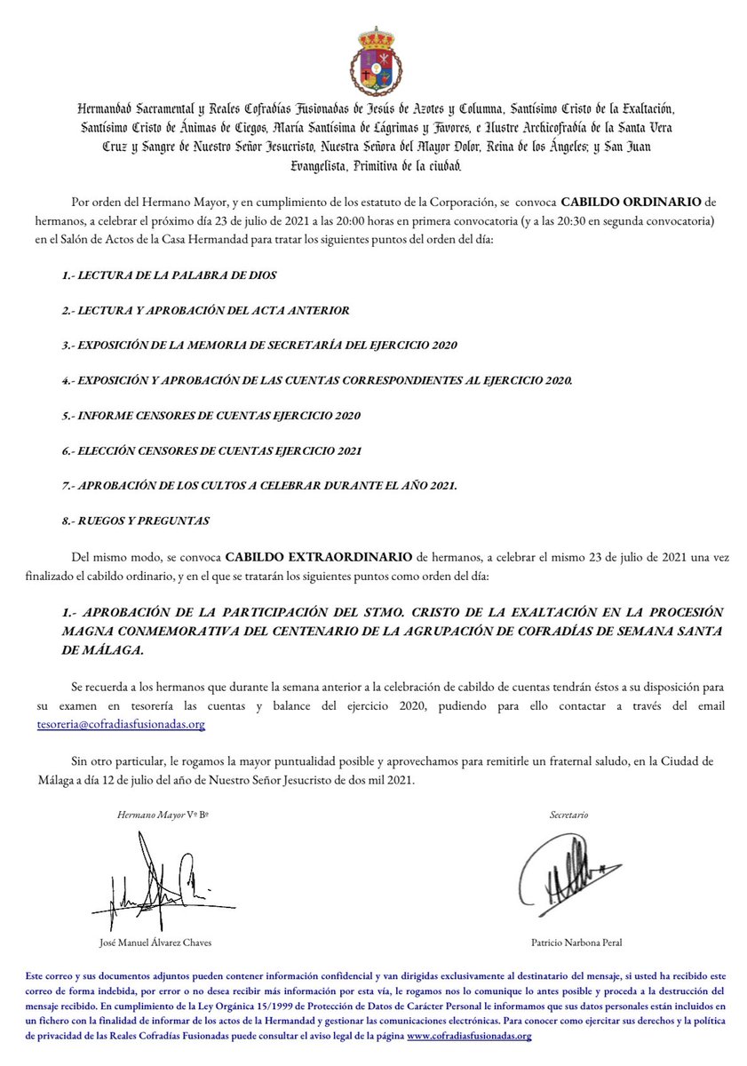📌 CABILDO ORDINARIO:

📅 Viernes 23 de julio 

🕘 20 horas en primera convocatoria y 20:30 horas en segunda convocatoria

📌 CABILDO EXTRAORDINARIO:

🕘 Tras finalizar el Cabildo Ordinario

📍 Salón de Actos de la Casa Hermandad