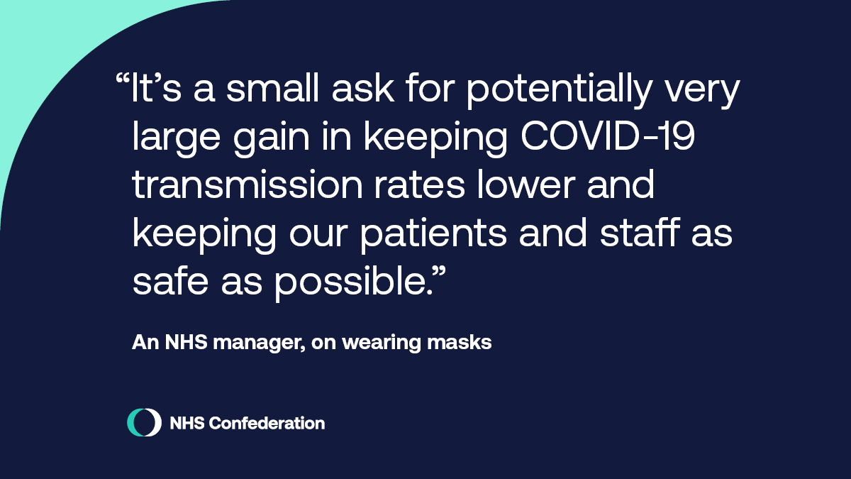 NHSConfed's tweet photo. 9 in 10 healthcare leaders we polled say wearing a mask should continue to be a legal requirement in all healthcare settings. 

Find out more
https://t.co/HppsKdLrFg https://t.co/9MmWd3uogC