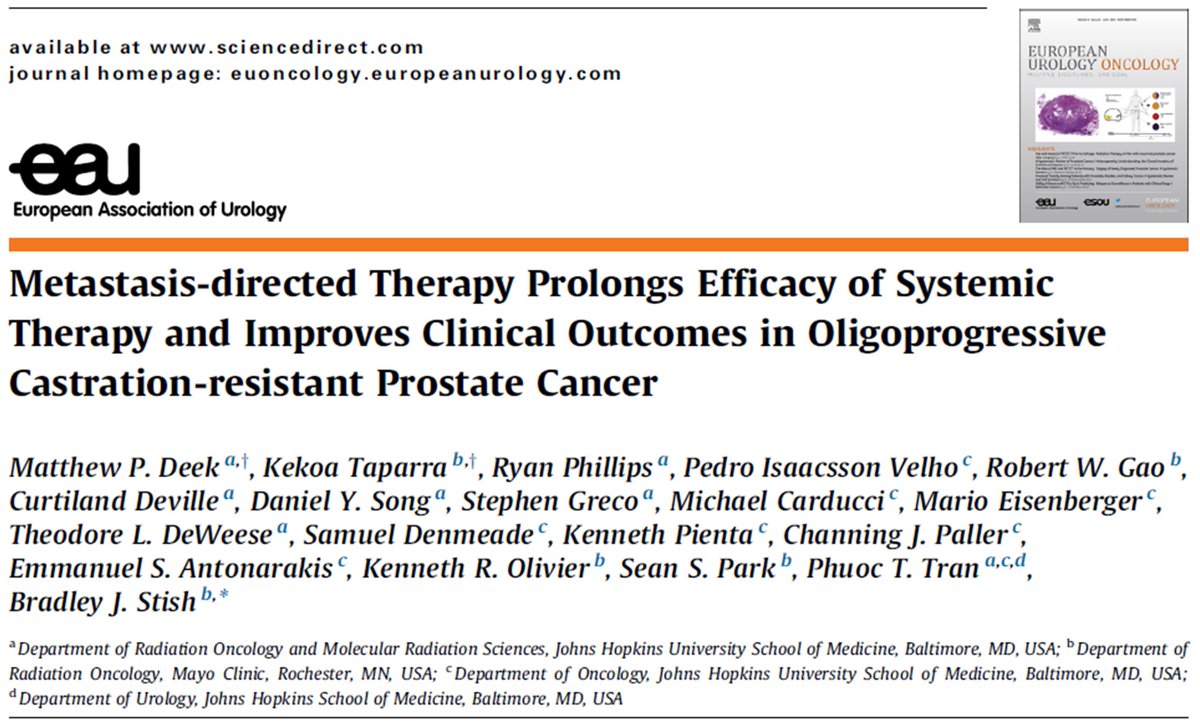 #EAU21 is over, now it's time for another @EurUrolOncol #SoMe Award. This month's winner is... Metastasis-directed Therapy Prolongs Efficacy of Systemic Therapy & Improves Clinical Outcomes in Oligoprogressive CRPC euoncology.europeanurology.com/article/S2588-… Congrats to @matthewdeek @KekoaMDPhD