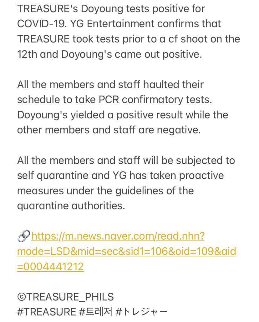 [NEWS] 210713 🐧

TREASURE's Doyoung tests positive for COVID-19. YG Entertainment confirms that TREASURE took tests prior to a cf shoot on the 12th and Doyoung's came out positive.

🔗m.news.naver.com/read.nhn?mode=…

©TREASURE_PHILS
#TREASURE #트레저 #トレジャー