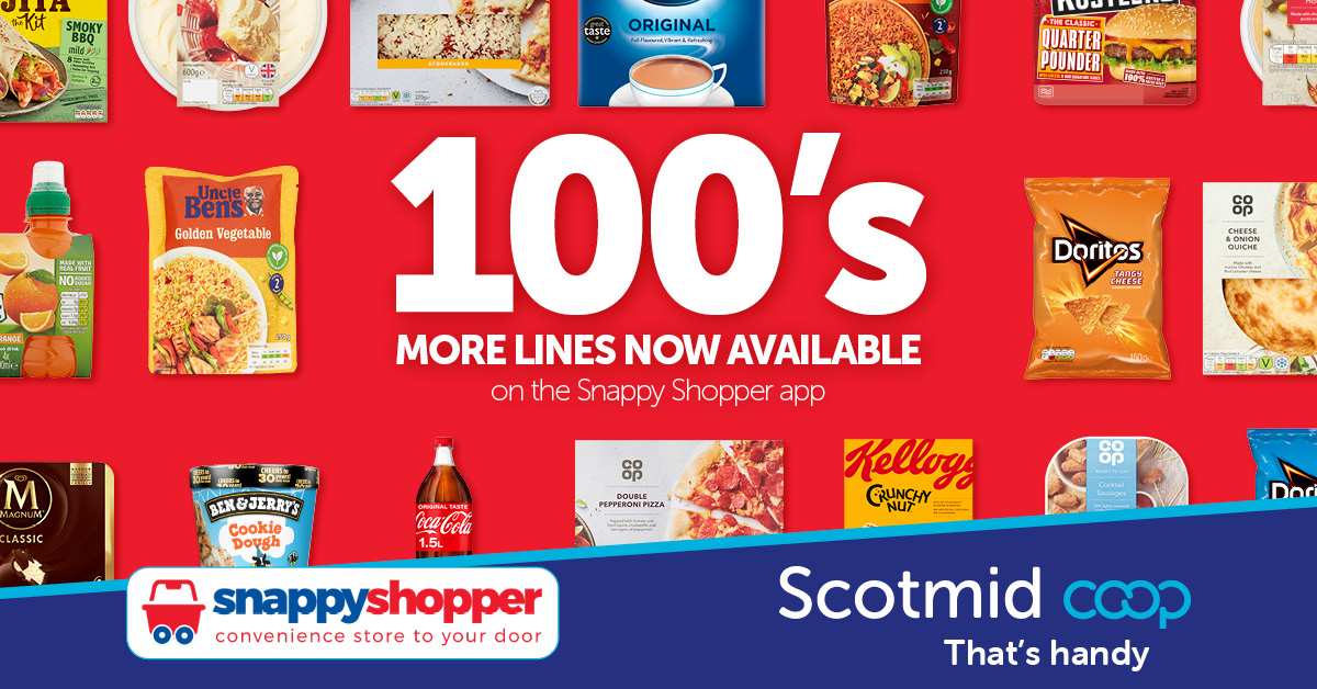 Scotmid's tweet image. We have listened to our customers &amp;amp; we have now added 100s more items to the @SnappyShopperUK  app.
Get shopping TODAY with #FREE delivery on all orders placed over £25. Just enter your postcode in the app!!
Delivers to your door in as little as 30min #ThatsHandy