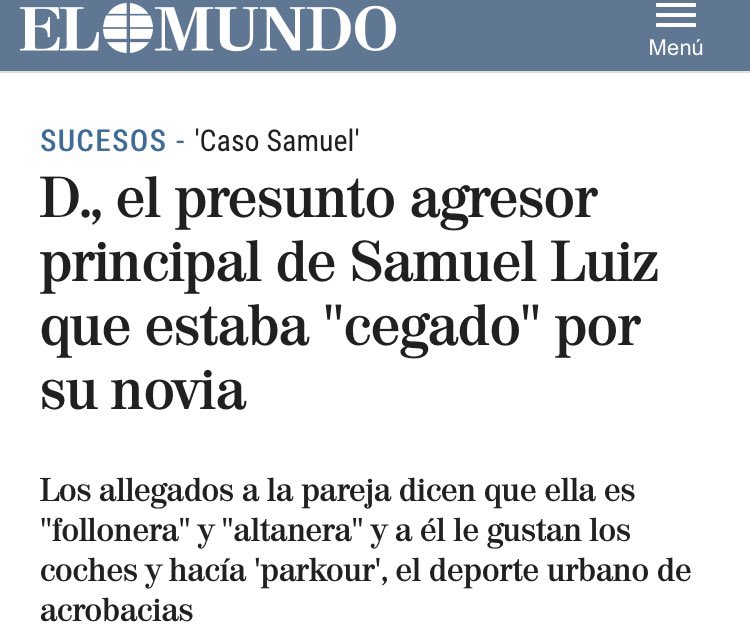 MartaJaenes's tweet photo. La culpa como siempre es de las mujeres. Es el principal sospechoso pero “estaba cegado por su novia”, que era “follonera y altanera”. De él destacan que le gustaba el deporte. Huele un pelín a misoginia https://t.co/PAAZYnCuWK