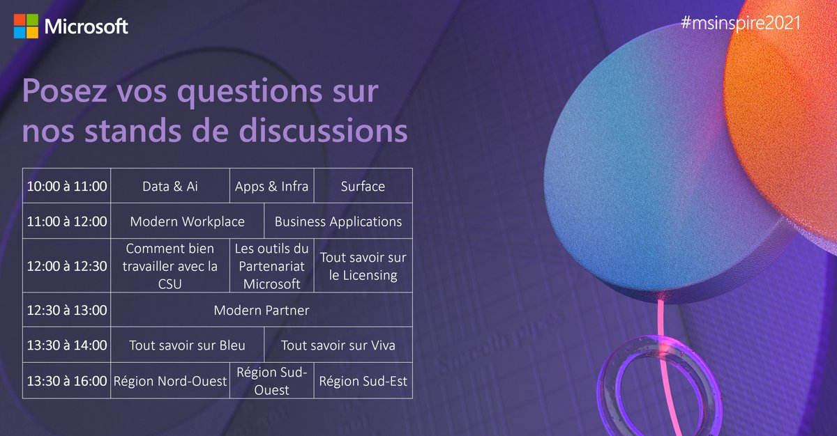 mspartnersfr's tweet photo. Retrouvez-nous toute la journée sur nos stands de discussions pour poser vos questions à nos experts. 🧐 #msinspire2021
👉https://t.co/2WJV25g6mi https://t.co/c0WsrNh46X