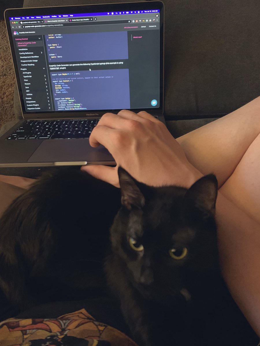 VioletLeft's tweet photo. Worked 11 hours bartending (after a managers meeting) and still can’t sleep. Figured I’d do some research on @theguilddev #graphqlcodegen and this cute boy curled up in my lap. 💜💜💜
Also this looks amazing, I’m super excited to@use it in my current project!! #javascript #cats https://t.co/D7uixCyRpP