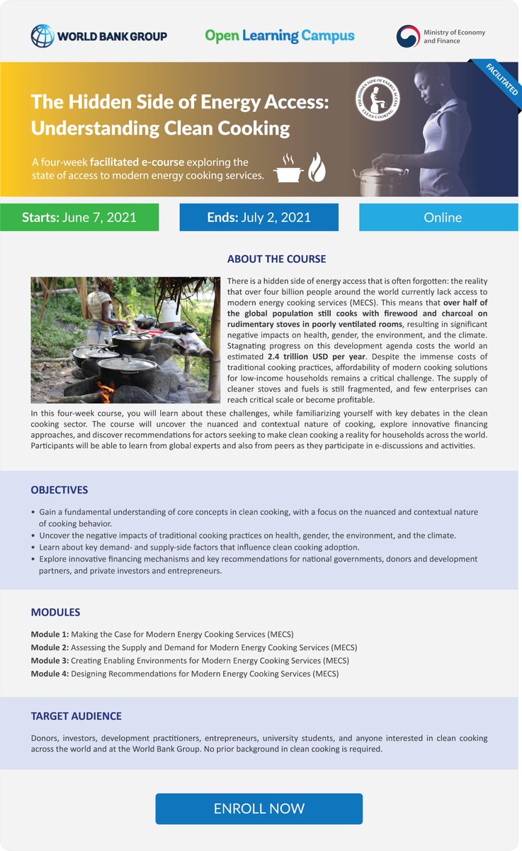 Calling all #CleanCooking stakeholders! Brush up on your knowledge of #CleanCooking evidence &amp; tools, and network with other practitioners in the sector in the World Bank's facilitated online course - registration open until 17 July: wrld.bg/EUfU50Ft04P