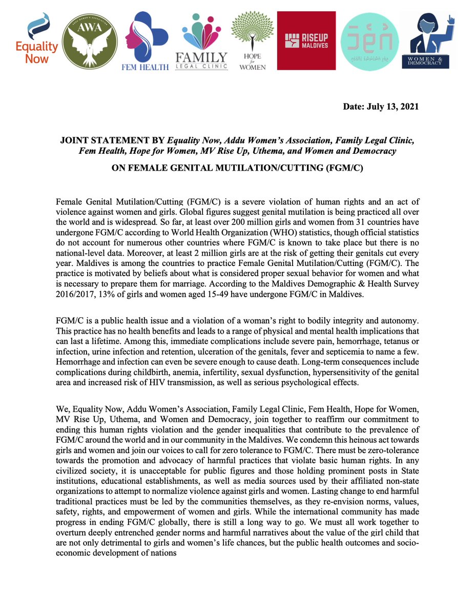 JOINT STATEMENT BY <a href="/equalitynow/">Equality Now</a>, #AdduWomensAssociation, <a href="/myfemhealth/">FEM HEALTH</a> , <a href="/FLCmv/">Family Legal Clinic</a> , <a href="/HopeforWomenmv/">Hope for Women</a>, <a href="/MvRiseUp/">#RiseUpMV ✊</a> , <a href="/Uthema_MV/">Uthema / އުތެމަ 🇲🇻</a>  and  <a href="/wdmaldives/">Women & Democracy</a>  ON FEMALE GENITAL MUTILATION/CUTTING (FGM/C)