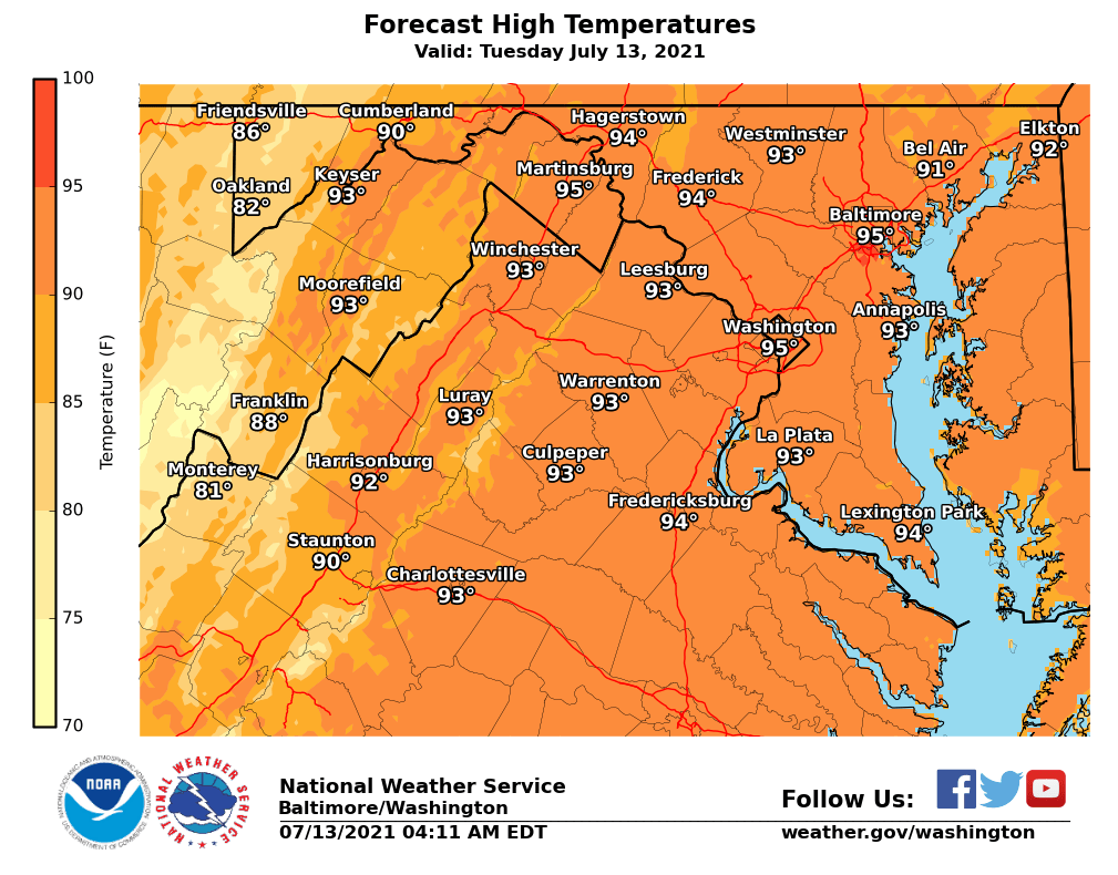 NWS_BaltWash's tweet photo. Another hot July day is in store as temperatures rise well into the 90s and humidity levels remain elevated. Afternoon &amp; evening showers and thunderstorms will be possible once again, with the best chance for a strong to severe storm across northern/western MD and eastern WV. https://t.co/wV8eWl93uL