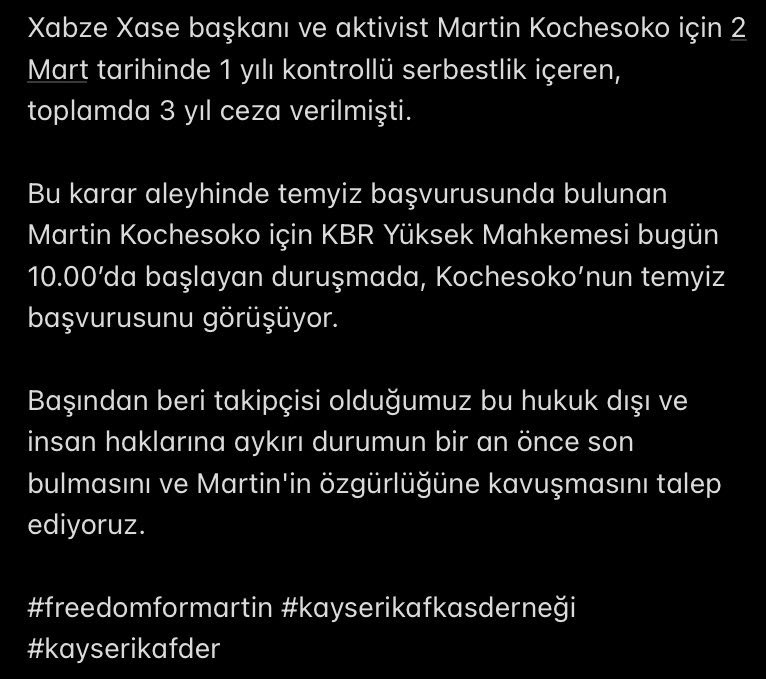KayseriKafDer's tweet photo. Martin Kochesoko için KBR Yüksek Mahkemesi bugün 10.00’da başlayan duruşmada, Kochesoko’nun temyiz başvurusunu görüşüyor.
#Freedomformartin #kayserikafder https://t.co/W5qHtoKUTx