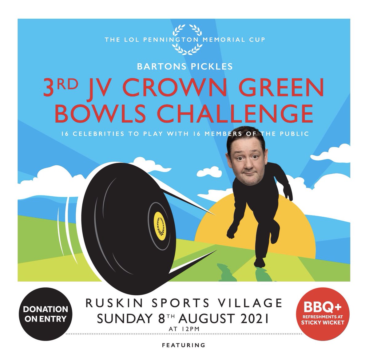 StevePrescott1's tweet photo. The very best of luck to our great ambassador @JohnnyVegasReal who tonight will be on @ITV #CookingWithTheStars
*Exclusive* @bartonspickles JV Celeb Bowls will take place on Sun 8th August @ruskinsthelens 1st Three Celebs will be announced and auctioned off from tomorrow 0900 am https://t.co/ec9YD9DW6A