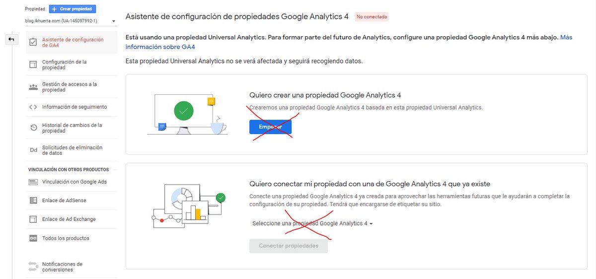Para mis queridos amigos que estáis buscando iniciaros en GA4.

⚠⚠⚠ NO USEIS NUNCA LA OPCIÓN DE CONECTAR/MIGRAR DESDE GA3

Es incontrolable. Genera fallos y cuando lo desvinculas para arreglarlo, por detrás sigue vinculado y no puedes hacer nada.

➡ Mejor doble implementación