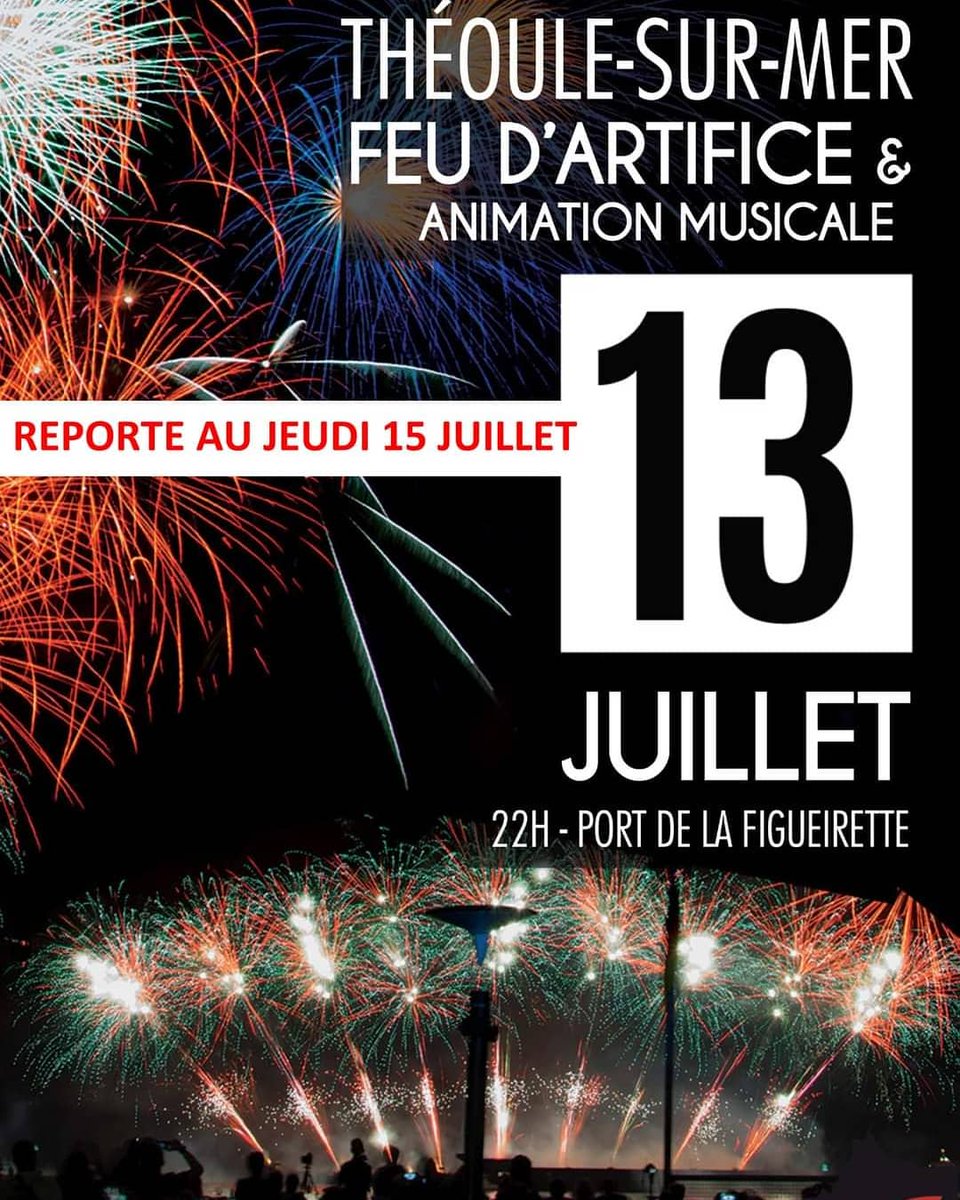 //urgent //le feu d'artifice prévu ce soir est reporté au 15 juillet au port de la figueirette

@theoulesurmer #theoulesurmer #Theouletourisme #alpesmaritimes #cotedazurfrance