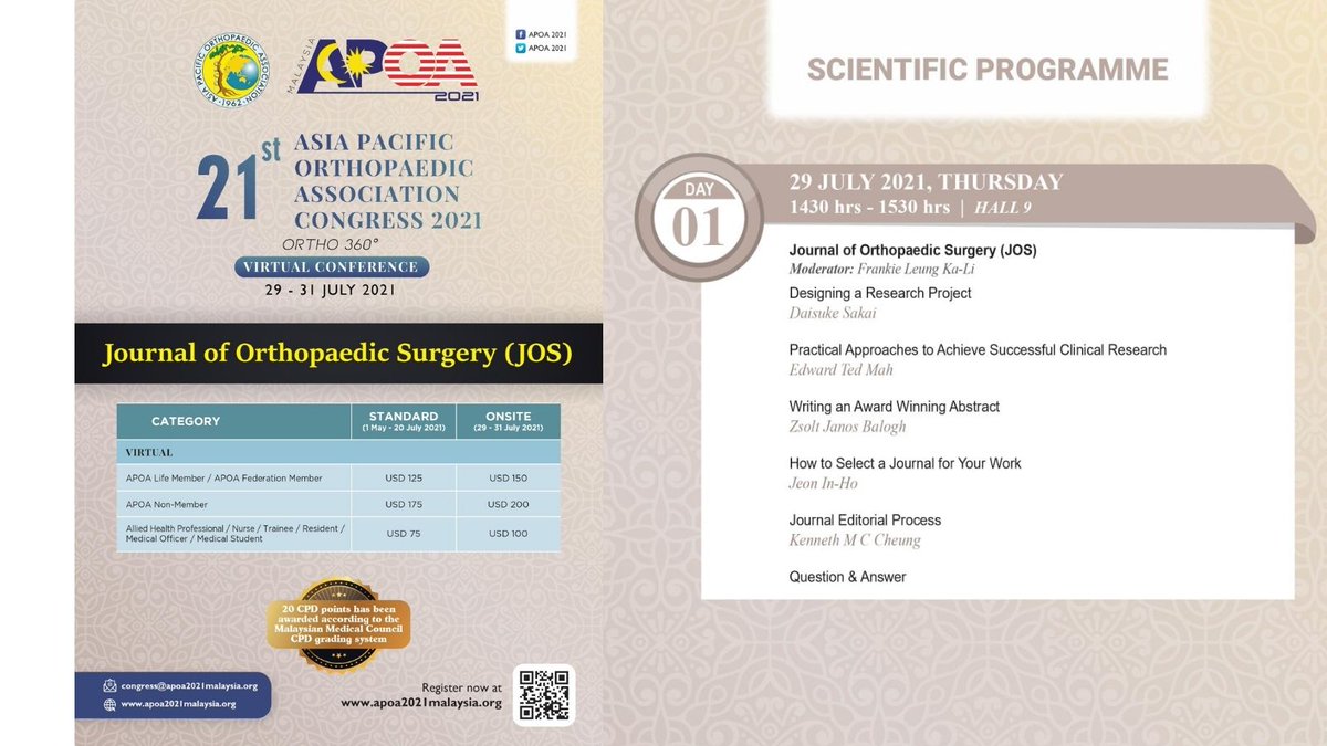 Don't miss out on our Scientific Programme!  Save the date now! 
📌29 July 2021, Thursday (14:30-15:30 KL Time) 
➡️Register now: apoa2021malaysia.org
.
.
#JOrthoSurgery #APOA2021 #virtualevent #scientificprogramme #orthopaedics #orthopaedicsurgery #orthotwitter