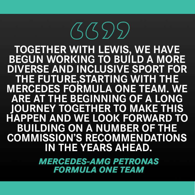 MercedesAMGF1's tweet photo. We warmly welcome today’s publication of the Hamilton Commission report, ‘Accelerating Change: Improving Representation of Black People in UK Motorsport'.