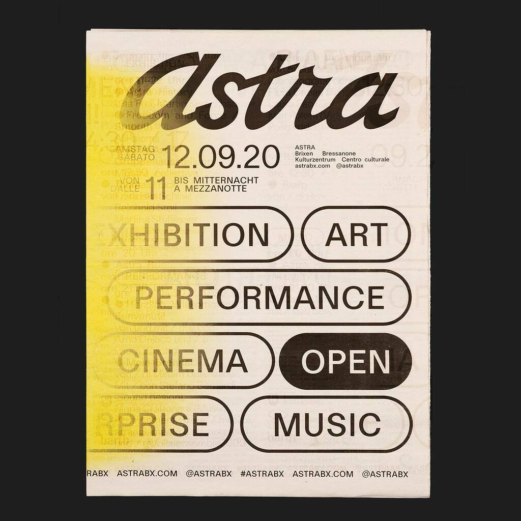 Identity design for Youth Culture Club Astra, newspaper web-printed for opening. Design: Studio Mut, Martin Kerschbaumer, Thomas Kronbichler. @astrabrixen instagr.am/p/CRQpE5urJl4/