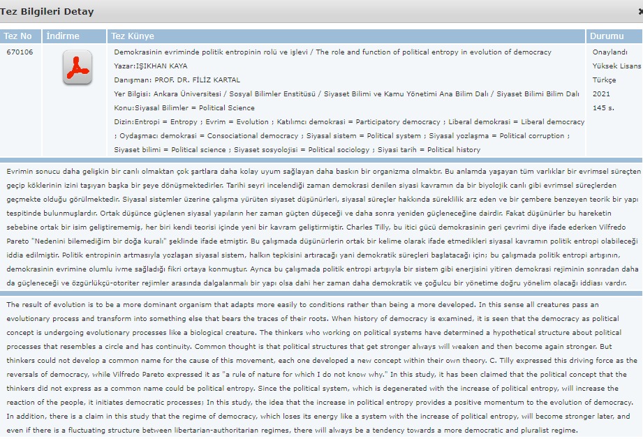 Yüksek Lisans Tez Çalışmam "Demokrasinin Evriminde Politik Entropinin Rolü ve İşlevi" tez.yok.gov.tr adresinde görüntülenmeye açıldı. 🙂