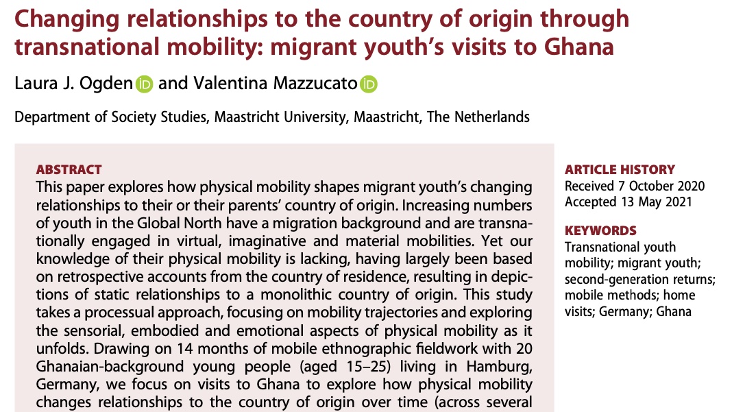 mo_trayl's tweet photo. Check out the newest @mo_trayl article by @LauraJOgden and Valentina Mazzucato published in the #Mobilities journal!
Visits to #Ghana shape migrant youth's relationships to the country over time and space
https://t.co/hKV5HkkjPX
@ERC_Research @tandfonline @macimide https://t.co/1KnqypQbdr