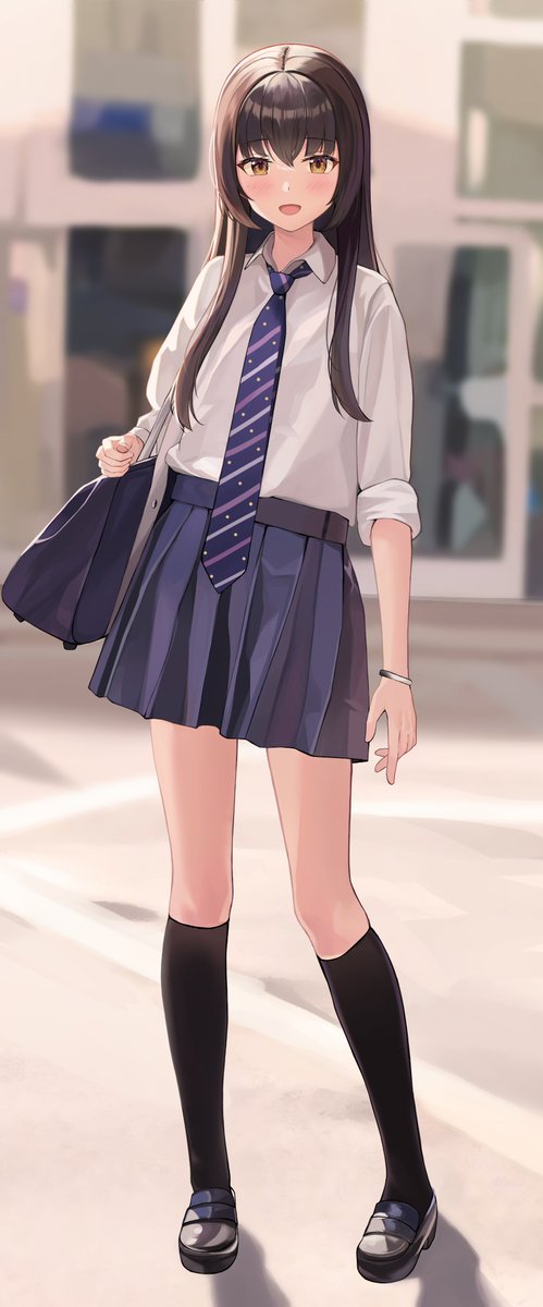 1girl solo skirt necktie socks long hair bag  illustration images