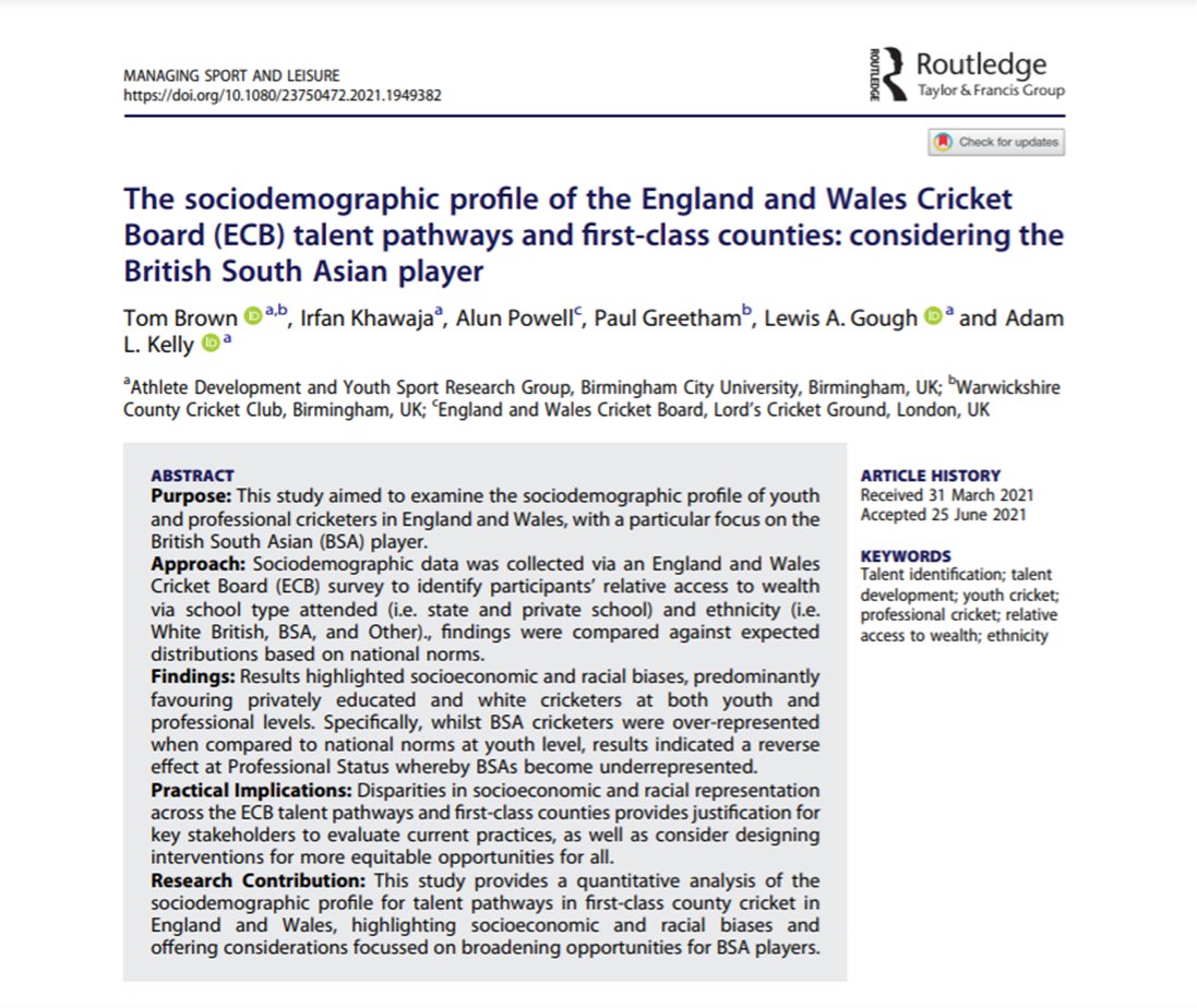 Dr Tom Brown (@tombrown1593) on Twitter photo Paper published from my PhD outlining the ethnic & relative wealth representations within performance cricket in England and Wales.
Huge thank you to <a href="/AdamKelly07/">Dr Adam L. Kelly</a>, <a href="/lewisgough/">Dr Lewis Gough</a> <a href="/iffykhawaja/">Irfan Khawaja</a>, Alun and Paul for their support.
tandfonline.com/eprint/UM8WMTF…
tandfonline.com/doi/full/10.10… Paper published from my PhD outlining the ethnic & relative wealth representations within performance cricket in England and Wales.
Huge thank you to <a href="/AdamKelly07/">Dr Adam L. Kelly</a>, <a href="/lewisgough/">Dr Lewis Gough</a> <a href="/iffykhawaja/">Irfan Khawaja</a>, Alun and Paul for their support.
tandfonline.com/eprint/UM8WMTF…
tandfonline.com/doi/full/10.10…