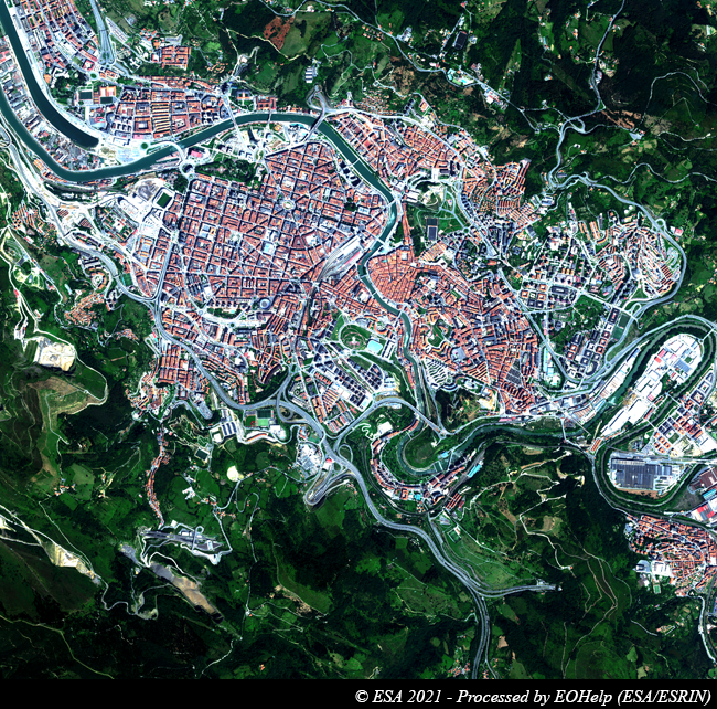 ESA_EarthOnline's tweet photo. EUSI #Worldview2 Aug 2011 image over #Bilbao, northern #Spain's most prominent city located in #PaísVasco (#Euskadi) autonomous community; #RiverBilbao is seen snaking across the city towards its ocean estuary (~16 km NW) on the Bay of Biscay, which shapes Bilbao's rainy climate. https://t.co/jdy4Cu7yvX