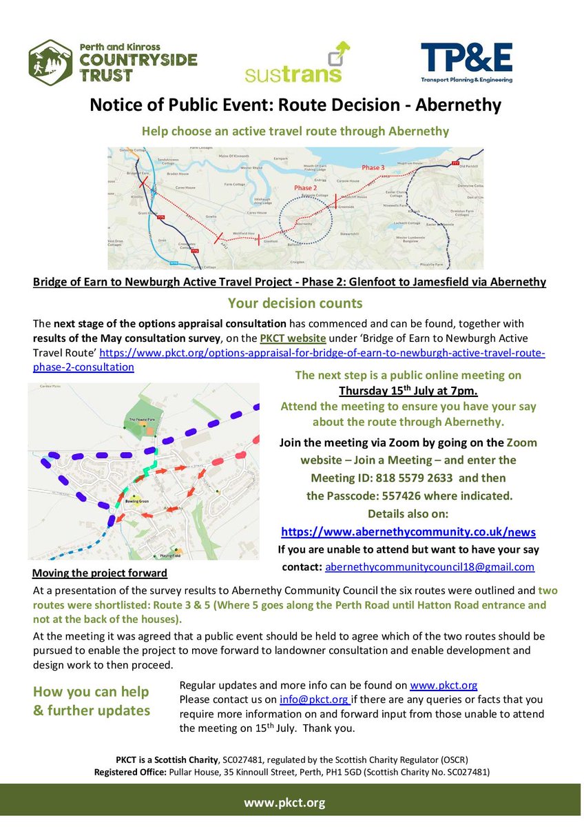 PKCTrust's tweet image. Diary date: help shape the #activetravel project btwn #BridgeofEarn and #Newburgh by attending an online public meeting to choose a preferred #walking, #cycling and #wheeling route through #Abernethy. 

Thursday, 15 July, at 7pm via Zoom. Full details👇👇

facebook.com/events/1478280…