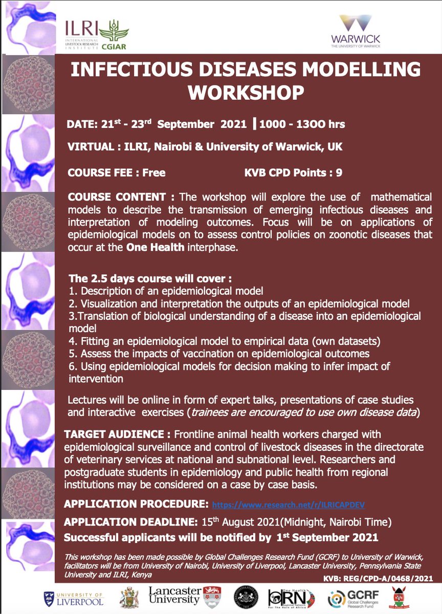 Zoonoses & EID (@zoonoticdisease) on Twitter photo We’re co-hosting an infectious diseases modelling workshop @ilri <a href="/WarwickLifeSci/">Life Sciences</a> <a href="/uonbi/">University of Nairobi</a>
21-23 Sept 2021, all online
Fee - its free!
Will explore the use of mathematical models to describe the transmission of emerging infectious diseases
Registration: research.net/r/ILRICAPDEV We’re co-hosting an infectious diseases modelling workshop @ilri <a href="/WarwickLifeSci/">Life Sciences</a> <a href="/uonbi/">University of Nairobi</a>
21-23 Sept 2021, all online
Fee - its free!
Will explore the use of mathematical models to describe the transmission of emerging infectious diseases
Registration: research.net/r/ILRICAPDEV