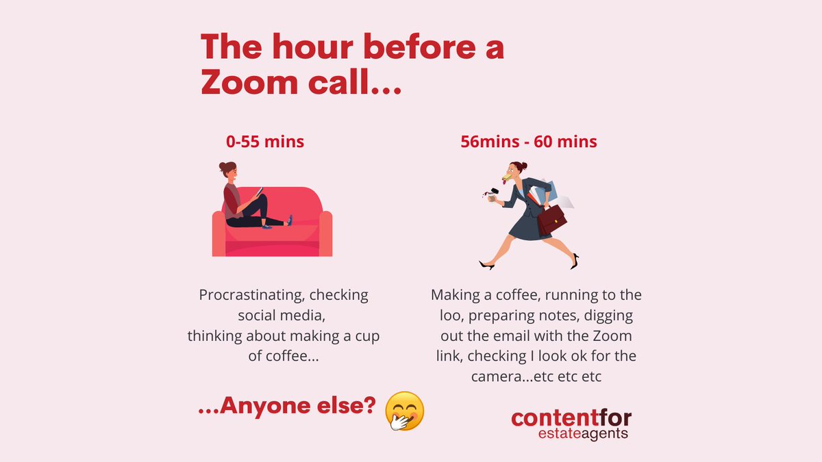 broadwaypublish's tweet image. How organised are you when it comes to Zoom calls?

I always think I&apos;ve got all the time in the world and get distracted. 
Then suddenly I&apos;ve got zero minutes to prepare 🤣

#contentforestateagents #zoom #contentcreator #organised #estateagents #timemanagement