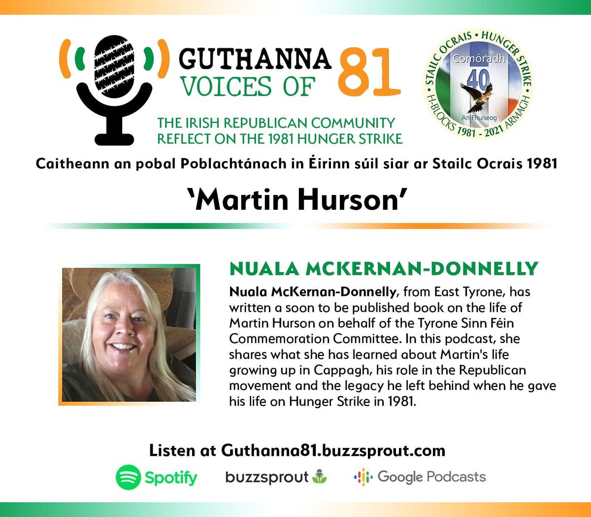 An_Phoblacht's tweet photo. 🎙 The latest Guthanna ‘81 podcast is now live!
🗣 Nuala McKernan-Donnelly has written a soon to be published book on the life of Martin Hurson. In this weeks podcast she shares what she has learned about Martin’s life.
🎧 Listen here now: https://t.co/oY4EZ7i6uB https://t.co/H5hSSvOARL