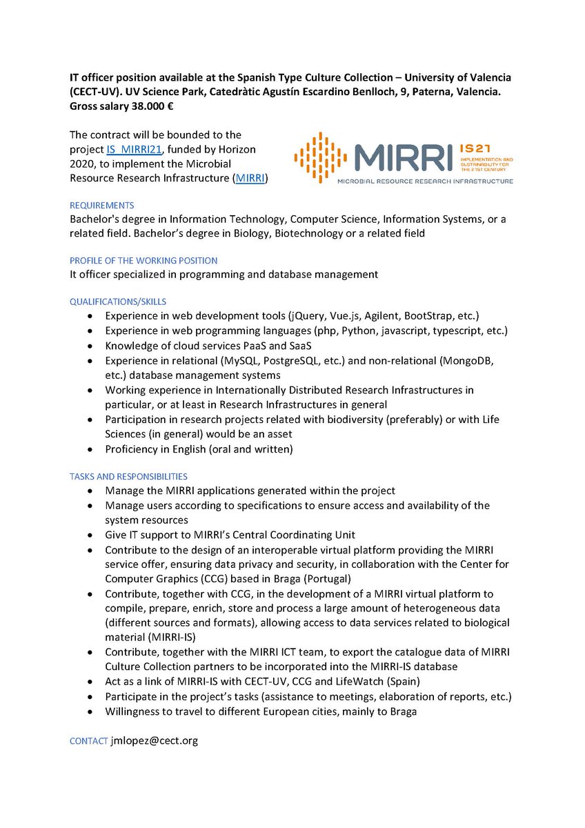 AuroraZuzuarre1's tweet image. 📢The @CECT_UV will open soon an IT officer position for @MIRRI_live according to the hiring procedures of the University of Valencia.
Shares and likes are very much appreciatted 🙏
#job #hiring