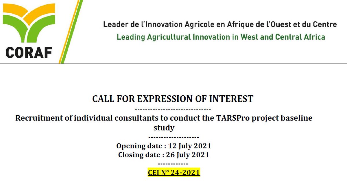 📢Recruitment of individual consultants to conduct the #TARSPro project baseline study
Read: bit.ly/2VC9zvD

#opportunity 
<a href="/csir_ghana/">CSIR GHANA</a> @SlariInfo <a href="/afs_asa/">CRFS | SARC (Formerly AFS | ASA)</a> <a href="/IITA_CGIAR/">IITA</a> <a href="/agridigitale1/">AGRIDIGITALE</a>