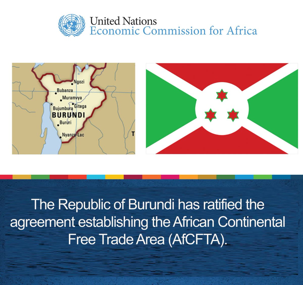 Congratulations to Burundi for ratifying the #AfCFTA, joining the list of countries that have completed their domestic requirements for ratification. We are hopeful that all 55 countries will soon sign & ratify the AfCFTA. #afcfta #internationaltrade #commonmarkets #freetradezone