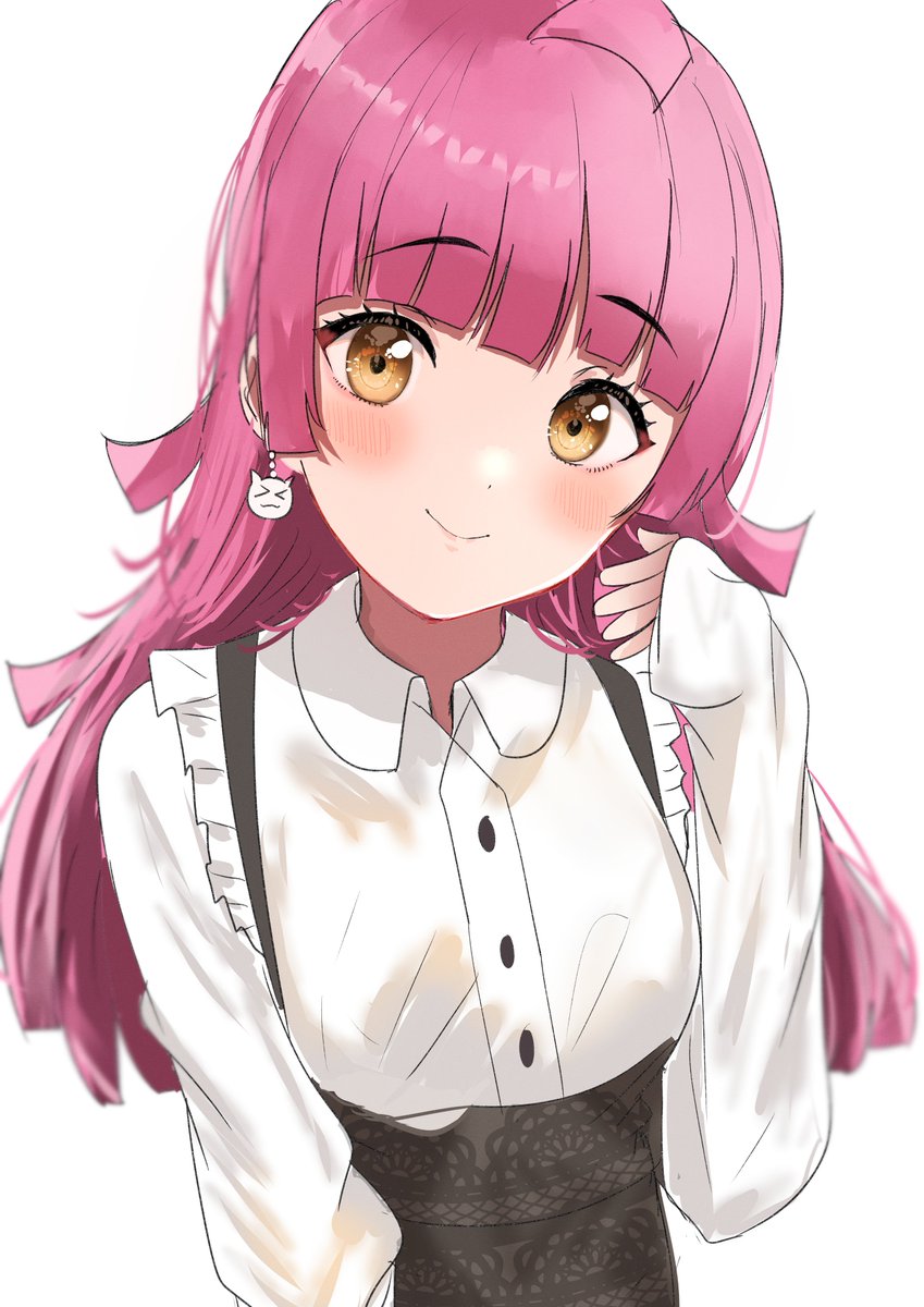 tennouji rina 1girl solo pink hair shirt ahoge white background smile  illustration images