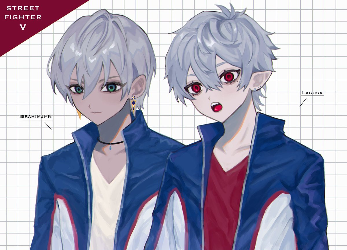 kuzuha (nijisanji) multiple boys 2boys red eyes pointy ears male focus jewelry earrings  illustration images