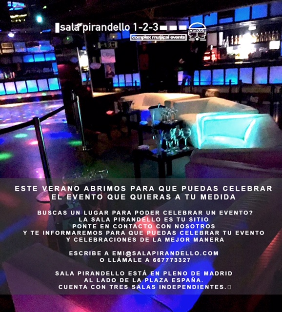Estás buscando un lugar para poder celebrar un evento? Ponte en contacto con nosotros  para que puedas celebrar tu evento y celebraciones 
 Escribe a emi@salapirandello.com 
llámale 667773327
 Sala Pirandello está en pleno de Madrid al lado de la Plaza España.
#salapirandello
