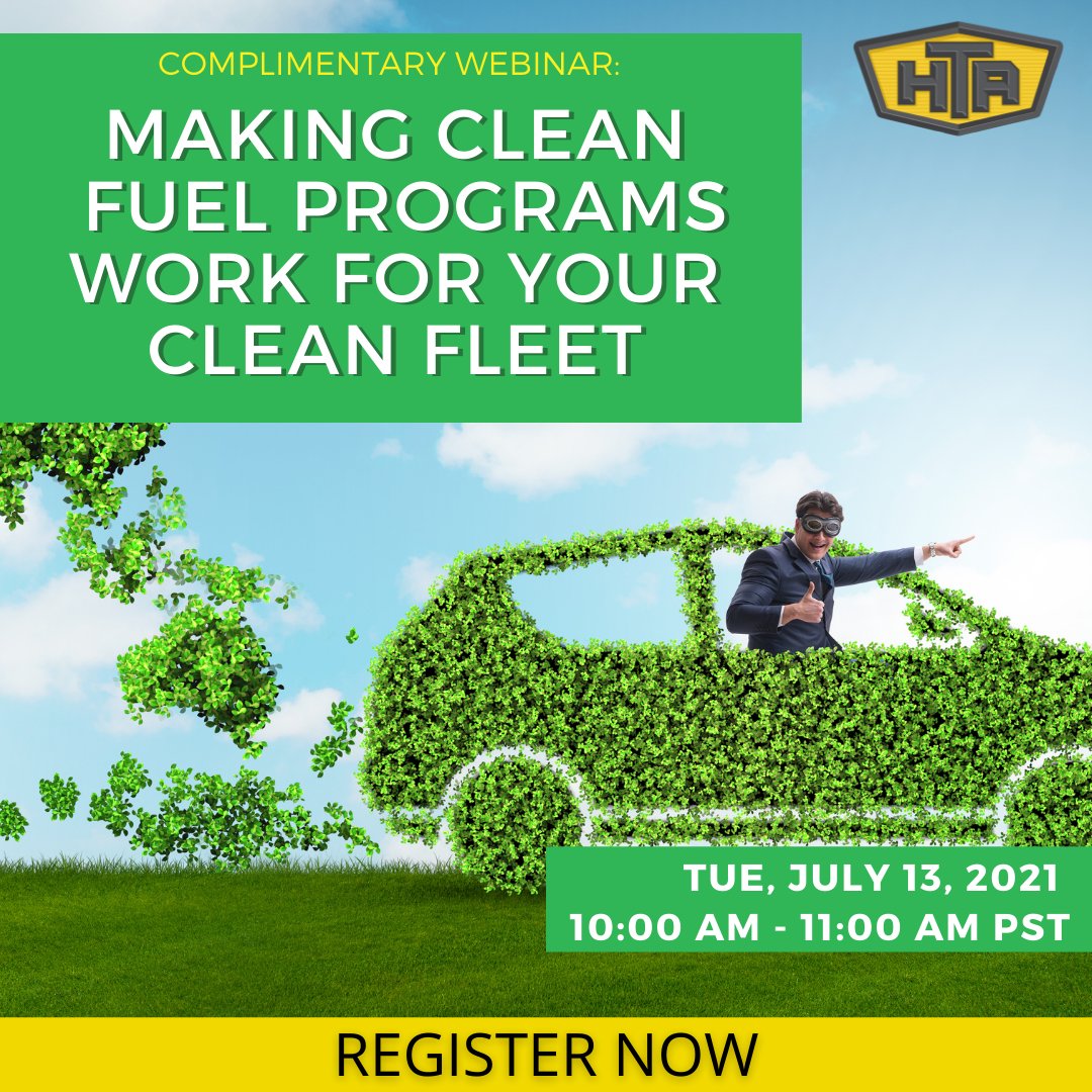 Don't miss out on today's #HTAFreeWebinar with <a href="/SRECTRADE/">SRECTrade, Inc.</a> at 10:00 am. HTA members are using clean fuel programs to fund the transition to newer trucks. Learn what’s available and get the motor carrier perspective on the benefits. TO REGISTER CLICK HERE: lnkd.in/gSJsMkQ
