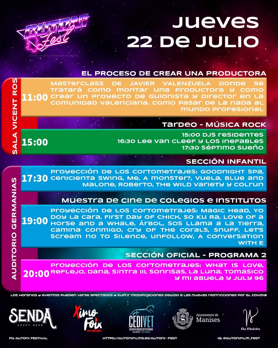 ButoniFilms's tweet photo. 🎬Programa 22 de Julio🎬

🎞️ Masterclass de Cine
🎶 Música
🐣 Sección Infantil 
🏫Muestra de Cine de Colegios e Institutos
🎥 Sección Oficial de Cortometrajes

¡Nos vemos allí! 

#festival #Valencia #Cine #CulturaSegura #cultural #musica #Kids #filmfestival #ButoniFest https://t.co/fbDgrV0VrK