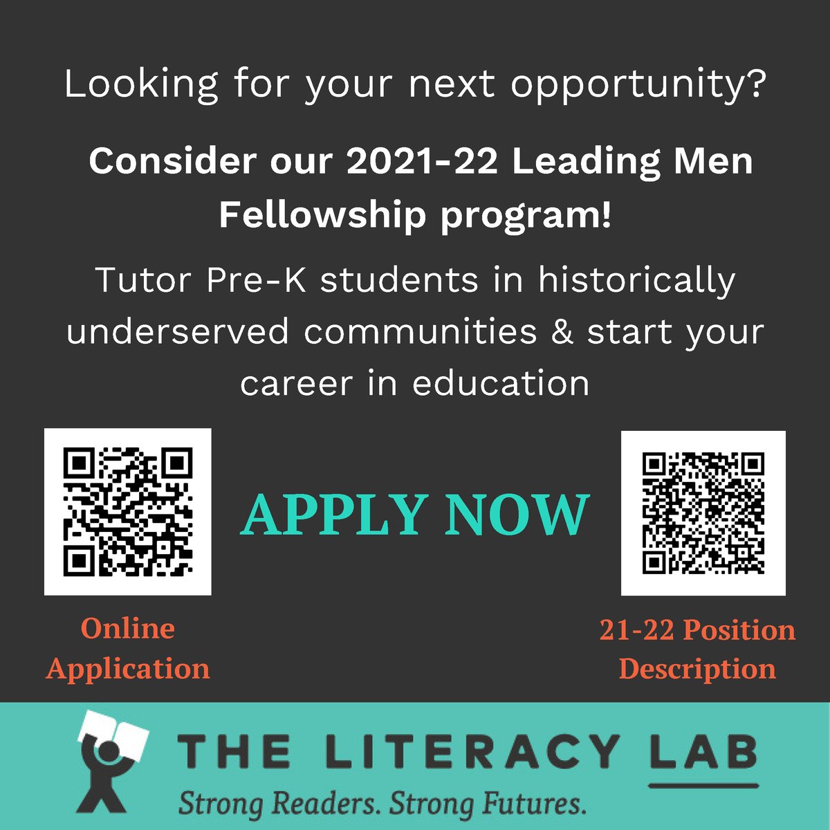 The Literacy Lab's Leading Men Fellowship is hiring for the 2021-2022 school year! 

Graduating high school seniors or recent high school graduates are eligible to apply to earn $15/hr for 25-30 hours a week working as literacy tutors in preschools. theliteracylab.org/our-work/leadi…