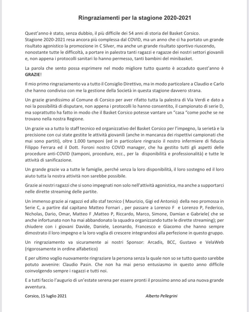 Questa la lettera del nostro presidente .
Lui ringrazia , ma senza la sua dedizione , passione e competenza , non potremmo farcela .
#GraziePresidente
#ArcadisBasketCorsico
🏀🏀🏀🏀🏀