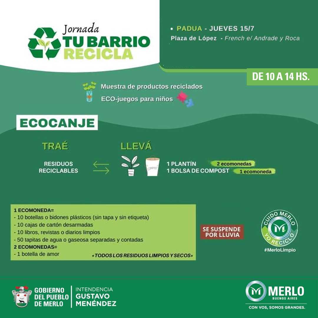 MerloGob's tweet photo. Si tenés material para reciclar, sumate a "Tu Barrio Recicla”, las jornadas organizadas por la Secretaría de Delegaciones de #Merlo
♻ Mirá cuáles son los reciclables que se recepcionan y el cronograma de todo el mes en: https://t.co/PySL68MZSe
#CuidoMerlo #YoReciclo https://t.co/1FUbyOKJUh