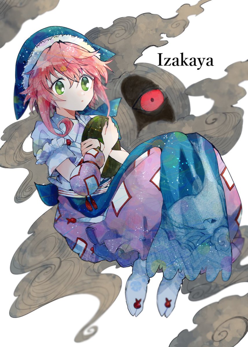 1girl pink hair green eyes blue headwear solo skirt blue shirt  illustration images