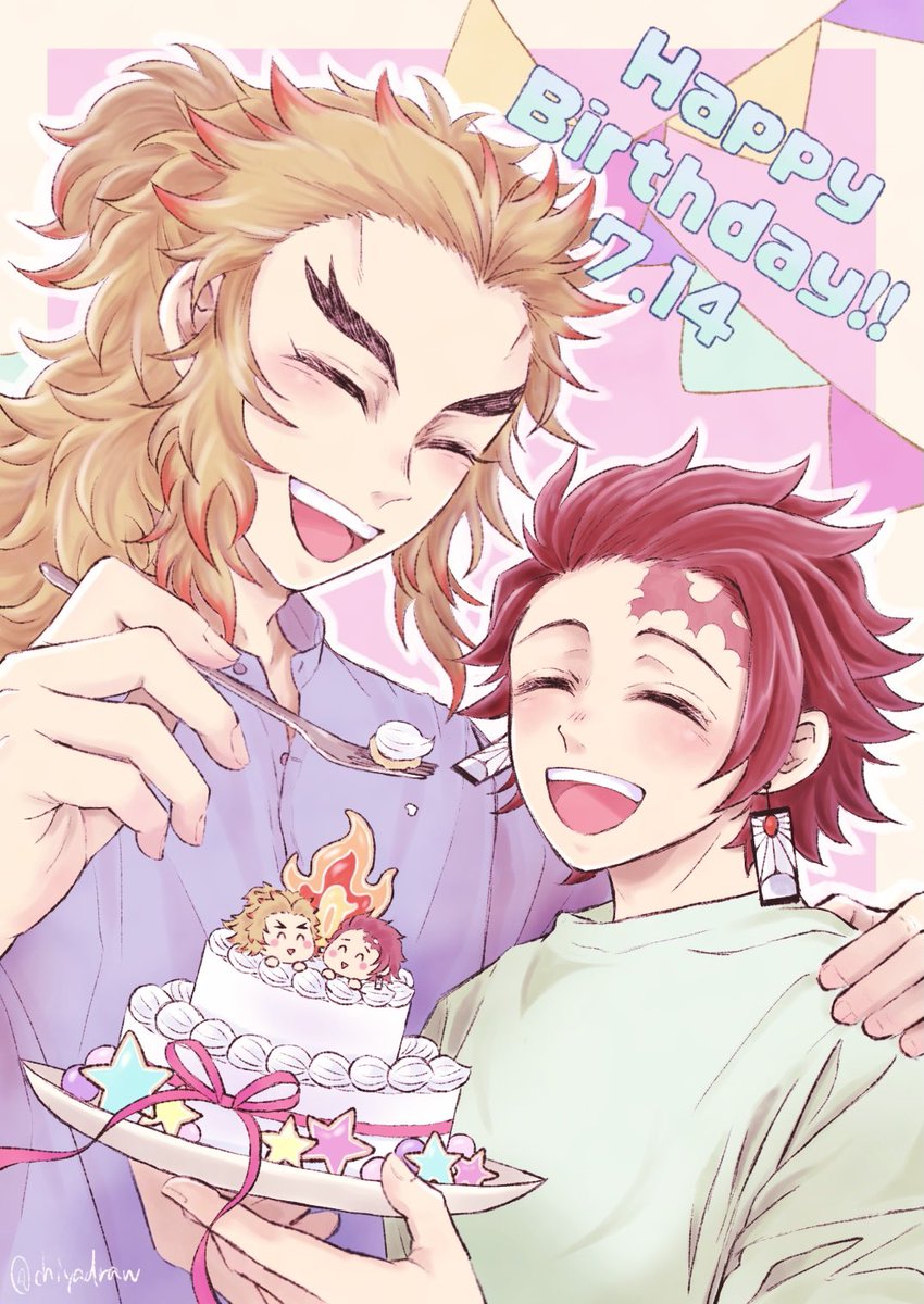 竈門炭治郎 ,煉獄杏寿郎 「🎴🎂🥳!!
🔥🎴 」|chiyaのイラスト