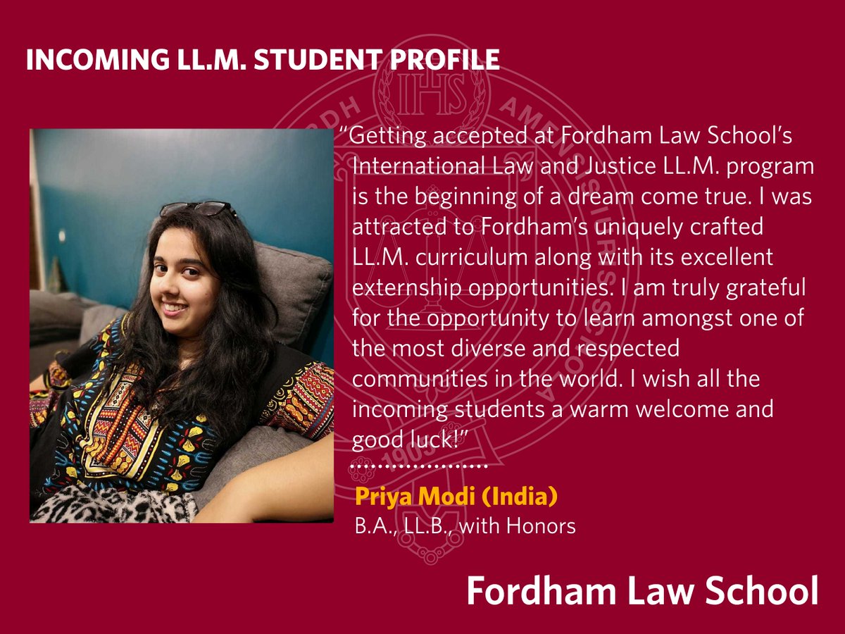 FordhamLawINTL's tweet photo. #LLM Incoming Student Profile - Priya Modi (India)
B.A., LL.B., with Honors

#FordhamLaw #LLMStudent #LLMAdmissions https://t.co/PaUblr4Bup