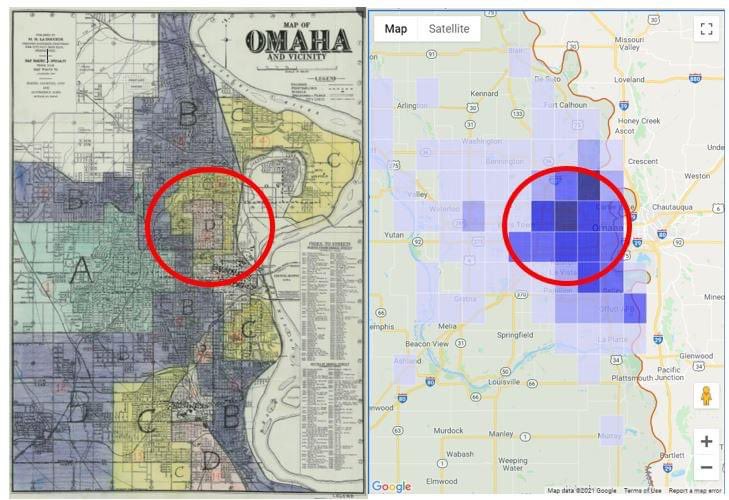 MckeeAustyn's tweet photo. A redlined map of Omaha vs. the current OPPD power outage. Do I think OPPD is being overtly discriminatory and prioritizing upper-income areas? No. But we have to talk about the money poured into infrastructure that allowed for the damage to be devastating in the lower SES areas. https://t.co/R5mtE22DIe