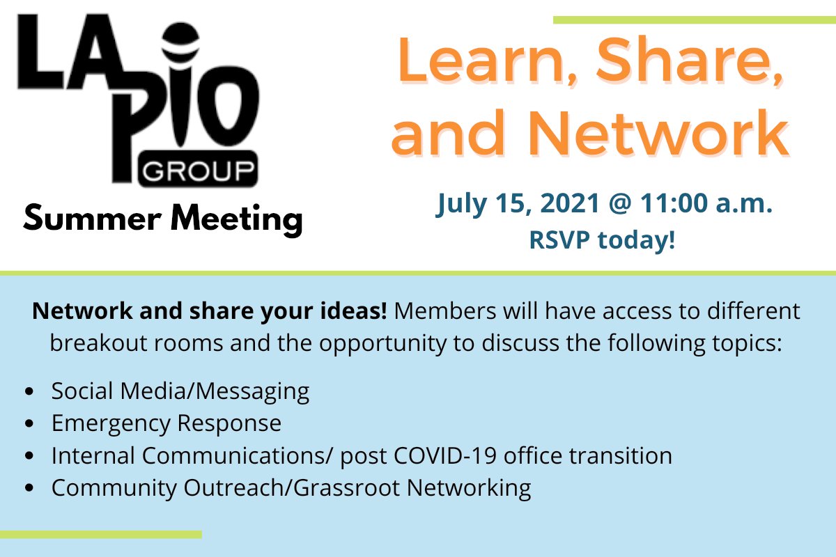 GreaterLAPIO's tweet photo. Don't miss our Summer Meeting this Thursday, July 15th.  Network and share your ideas on different topics. Register today: https://t.co/39uc4X3AHP The LAPIO Group is free to join, share with others. #LAPIOMeets https://t.co/5raDHFwnK5