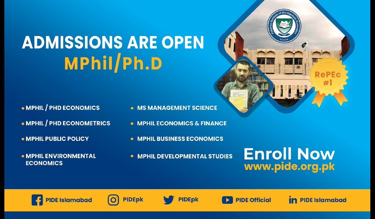 PIDEpk's tweet photo. #PIDEAdmissions are open @PIDEpk
Pioneer, Trendsetter, Best Think Tank & Policy Oriented Degree awarding institute in Pakistan.
Apply at: https://t.co/27vvwLcnAb
@nadeemhaque @durre_nayab_ @drniqbal @IIUI_OFFICIAL @RiphahIntUni @IPRI_Pak @LifeAtLUMS @ibakarachi @gculahore https://t.co/daXt3yDWgb
