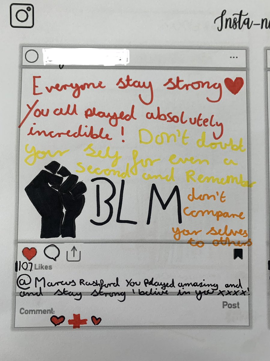 heather_libreri's tweet photo. Tackling big questions is what we do in year 7 Quest lessons, what better than to discuss what has unfolded since Sundays game! 

We created our own Instagram posts of positivity! How amazing are these... 

@MarcusRashford @BukayoSaka87 @Sanchooo10 

#edutwitter #EnglandRacism https://t.co/2uRXsE2LB1