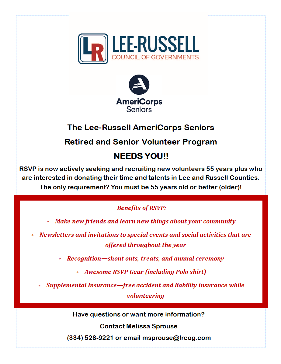 Interested in volunteering for the Lee-Russell AmeriCorps Seniors Retired and Senior Volunteer Program?

Check out the flyer to learn more and see how you can get involved!